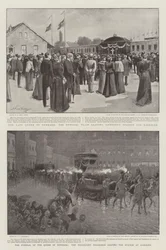 Das Begräbnis der Königin von Dänemark, der Fackelzug verlässt den Bahnhof in Roskilde